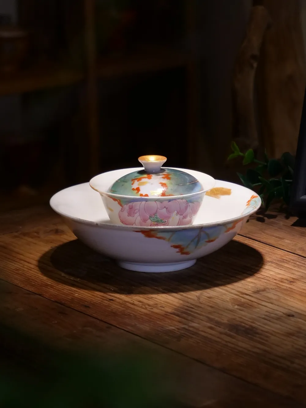 白志野荷花二才盖碗