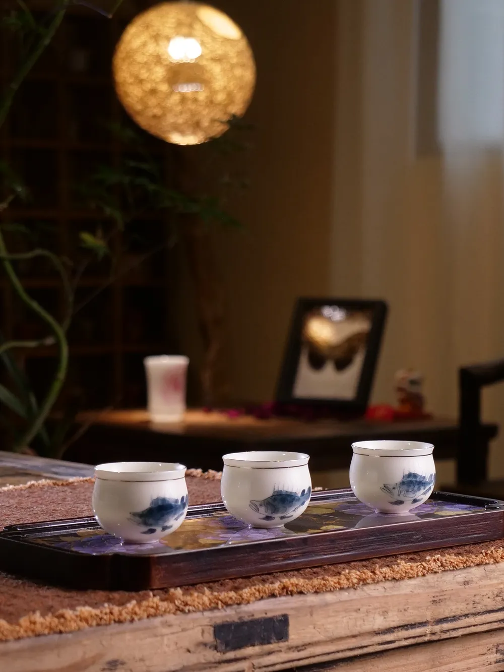 绣球花黑竹如意茶盘