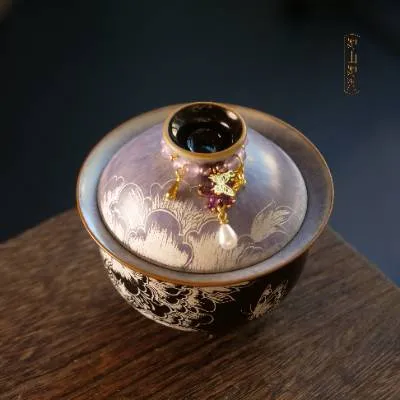 玄紫银牡丹二才盖碗+赠提溜