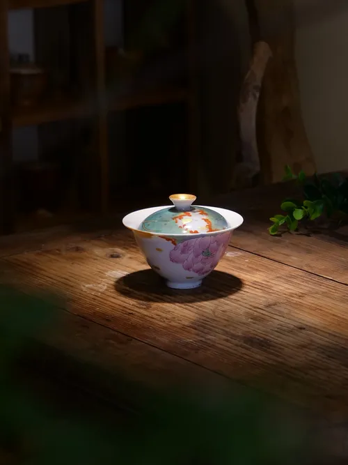白志野荷花二才盖碗